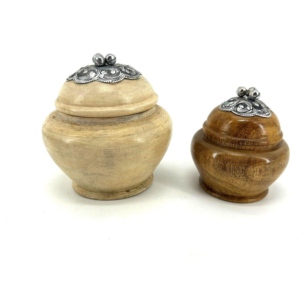 Set of 2 Hand Turned Wood Jars with Silver Tone Filigree Lids Decorative Boxes